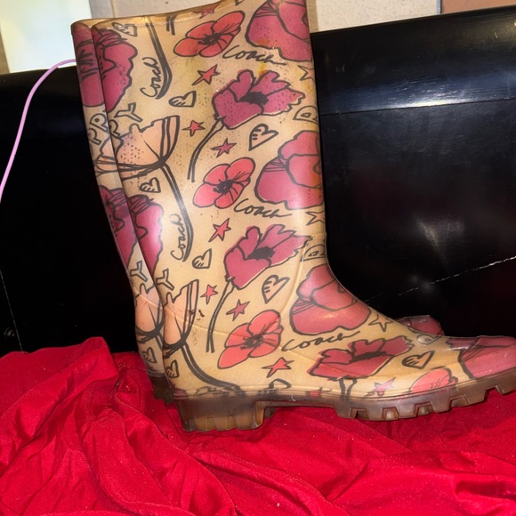 Coach Shoes - Coach Floral Print Tan Rain Boots with Pink Accents